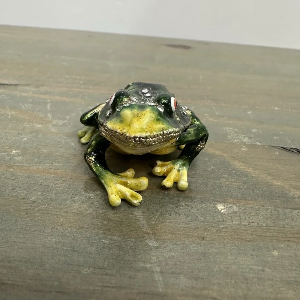 Jeweled Frog Trinket Box Green Yellow Rhinestone Enamel Hinged Mini Figurine